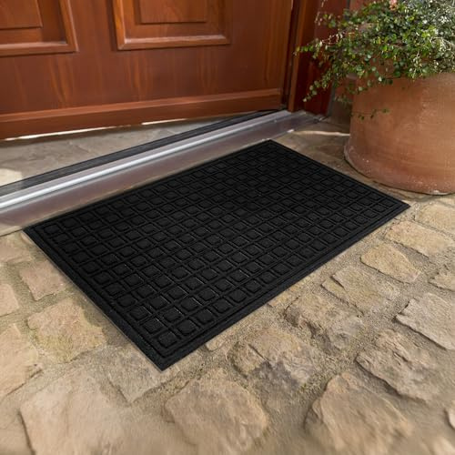 Wetterfeste Fussmatte außen - Schwarz Kästchen 45 x 75 cm (Rechteckig) | Große Schmutzfangmatte wetterfest Outdoor Türmatte für Eingangsbereich & Balkon Fußmatte strapazierfähig und rutschfest