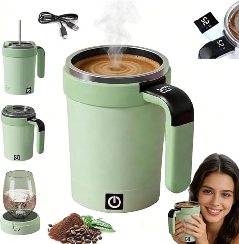 Natwo Self Stirring Mug,Automatic Mixing Cup with LED Temperature Display,Travel Mug with Whisk and Detachable Base for Coffee, Protein Shakes, Matcha,Milk and More (Green, 380ml)