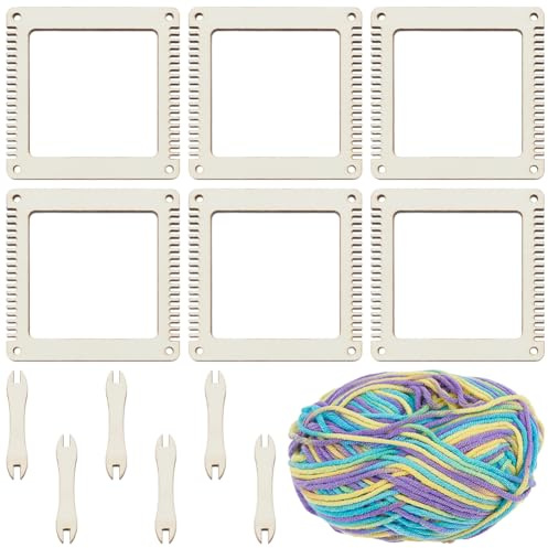 WEBEEDY 6 Pack Holz Webstuhl Kit für Erwachsene Anfänger, 6 Quadrat Klein DIY Bastel Holz Webstuhl mit 6 Schiffchen für Zuhause Strickprojekte Webkunst Herstellung Deko,7.6x7.6cm