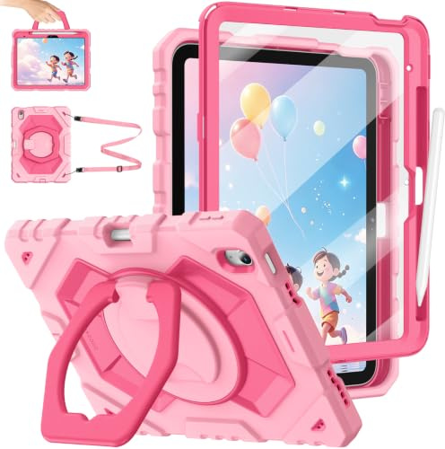 FINTIE Kids Case for iPad A16 11th Gen 11 Inch & iPad 10th Gen 10.9 Inch | with Screen Protector & Shoulder Strap, All-in-One Shockproof Cover, Built-in Pencil Holder, for Boys & Girls, Pink