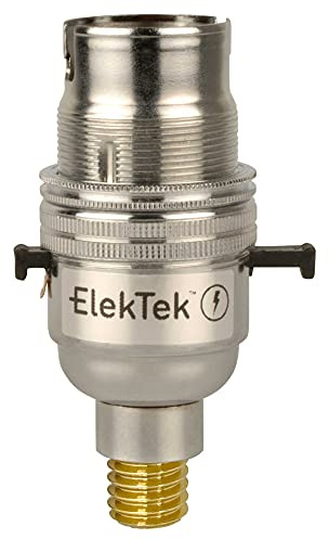 ElekTek Safety Switched Lamp Bulb Holder B22 BC Bayonet Cap & Shade Ring - 7/16th Screw Wood Mount Base Chrome Made in UK - Child Safe Switch Push Bar Locks Off & cuts Power if no Bulb Fitted