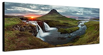 Wandbild auf Leinwand als Panorama in 150x50cm Island Landschaft Berge Wasser Abendlicht