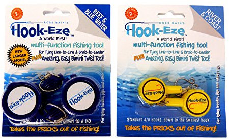 HOOK-EZE Knot Tying Tool Cover Hooks on 4x Rigs, Standard & Large Size Combo - Line Cutter - Hook Covers for Saltwater & Freshwater - Fly River Coarse Fishing - Blue & Yellow