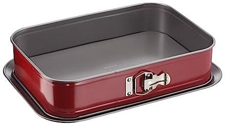 Tefal Delibake J16405 Molde tarta rectangular,forma rectangular desmontable y con gran fondo,revestimiento antiadherente,fácil desmonte,de acero al carbono,con grosor 3/10,rojo,8,2x27,5x39 cm