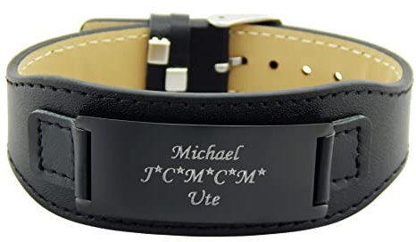 Hanessa Personalisiertes Armband mit Gravur für Männer und Frauen Edelstahl Leder schwarz Länge verstellbar 16-21 cm | Personalisierte Armbänder mit Namen Herren Damen
