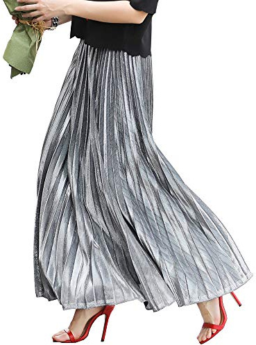 Xinqiao Damen Metallic Glänzend Elastisch Hohe Taille Plissee Lange Maxi Party Rock