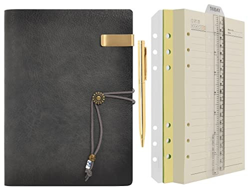 Wonderpool Leder A5 Tagebuch Notizbuch Ringbuch mit Stift –Nachfüllbarer Ordner Schreibpapier Spirale Business Notizblöcken Vintage Einband für Büro Plan Reisen Persönlicher Organizer (a- Grau,A5)