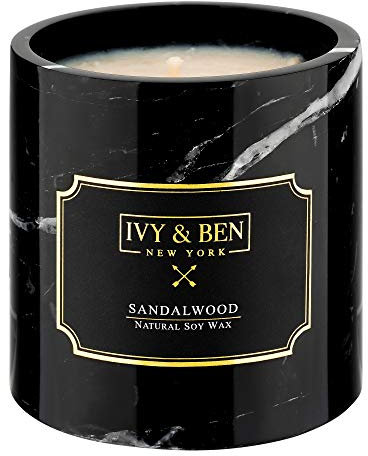 IVY & BEN NEW YORK - Premium Durftkerze in echtem Marmor - 100% Sojawachs (Sandalwood, Standard)