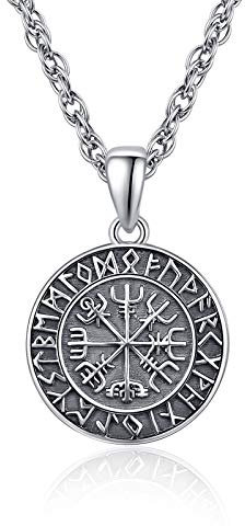 KINGWHYTE Wikingerschmuck für Männer 925 Sterling Silber Vegvisir Anhänger Wikinger Rune Amulett Halskette Kompass Kette Schmuck Geburtstagsgeschenke für Vater Sohn Herren
