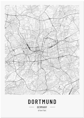 JUNOMI® Dortmund Poster DIN A2 Schwarz Weiss, DIN A2 Wohnzimmer Deko, Modernes Wandbild, Dortmund Bild, Wandbild ohne Rahmen, Stadtplan Poster Dortmund, perfekte Geschenkidee für Dortmunder