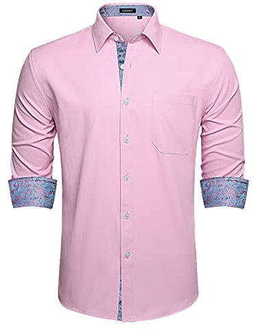 HISDERN Chemises habillées pour Hommes Mode Slim Fit Mariage Rose à Manches Longues Chemise décontractée avec Poche