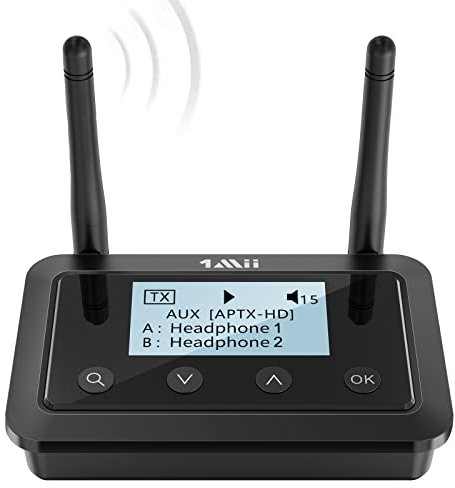 1Mii Trasmettitore Bluetooth 5.3 TV, Ricevitore Adattatore Audio Musica HiFi con Display LCD, Jack AUX 3,5 mm/Ottico, Dual Link aptX Bassa Latenza e HD per Stereo/TV a 2 Cuffie, Lungo Raggio- B03+