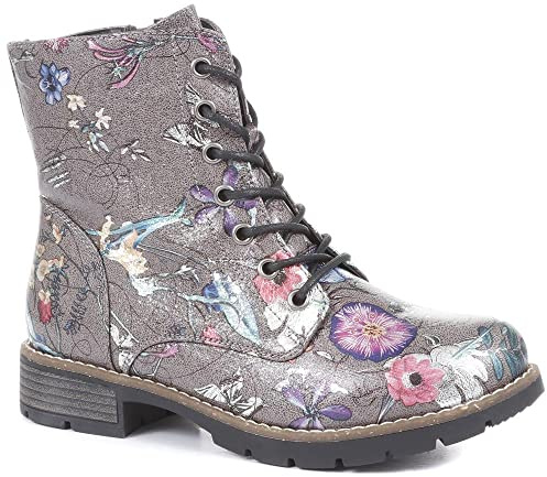 Pavers Distinctive Ladies Combat Ankle Boots in Grey Multi with Metallic Floral Print - Side Zip for Easy Wear - Full Lace-Up - Size UK 5 / EU 38