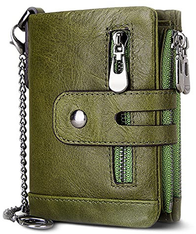 FORRICA Portafoglio Uomo Blocco RFID Vera Pelle Portamonete con Catena Porta Carta di Credito Cerniera Borsellino Pelle Portafogli Bifold Verde A