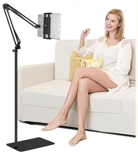 Tablet Floor Stand with Heavy Duty Base【Ultra Sturdy】, Overhead Bed iPad Stand Angle Height Adjustable, Compatible with iPad Mini Air Pro 12.9/9.7, Galaxy Tab, Kindle, Cell Phones (4.5''-13'')