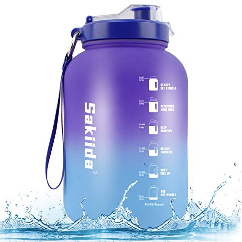 Grande bottiglia d'acqua da 2,2 litri con cannuccia rimovibile e manico e cinturino resistente, senza BPA, grande brocca motivazionale con indicazione del tempo per palestra e allenamento sportivo