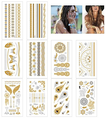 10 Feuilles Tatouage Temporaire,Tatouage Paillette Tatoo Temporaire Faux,Autocollants Métalliques Étanche Dorés Faux Tatouages, pour Festival Tatouage,Halloween,Fêtes,Hommes et Filles
