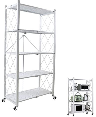 Standregal im Wohnzimmer Küche-3/4/5-stufige Lagerung Vorratsregal-Klappbares Küchenregal mit Rollen,90/126/168x34x72cm (HxBxT)-70kg pro Regal-Schwerlastregal Racking Lagerregal ( Color : White , Size