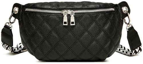 Travistar Crossbody Bag Damen Bauchtasche - Elegante Umhängetasche Damen Breiter Gurt Gesteppt Gürteltasche Damen Brusttasche Damen Schultertasche Moderne Taschen für Jeden Anlass Schwarz