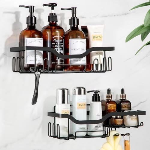 Mitsemmo Duschablage,Duschregal Ohne Bohren,2 Stück Duschkorb Schwarz mit 16 Haken,Badezimmer Badewannen Regal Organizer,Badregal Edelstahl,Shampoo Duschgel Halterung für Dusche,Kleberegal Bad