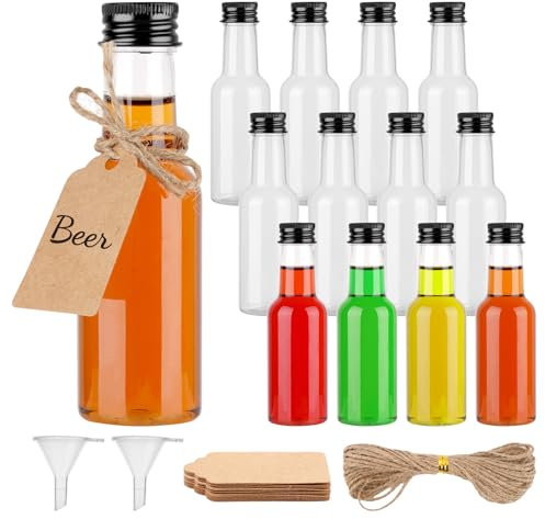 Weysoo Botellas pequeñas para rellenar, 12 unidades de 50 ml, mini botellas de licor con embudo, etiqueta de papel kraft y cuerda de cáñamo, reutilizables, botellas de plástico para rellenar para