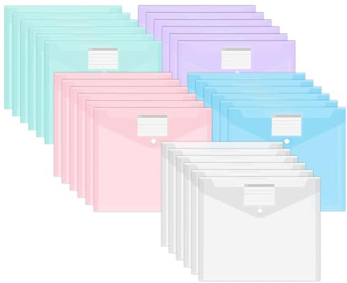 30 Stück Dokumententasche A4, Wasserdichte Dokumentenmappe mit Etikettentasche, Bunte Sammelmappen für Dokumente Organisieren, Bürobedarf, Hausaufgaben