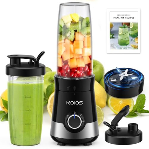 KOIOS Licuadora de batidos, licuadoras de 900 W para cocina con botellas portátiles de 27 onzas sin BPA y tapas de boquilla, mezcladora personal de 3 modos para batidos, batidos, bebidas congeladas,
