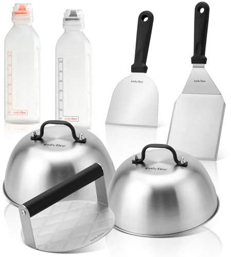 onlyfire Kit Smash Burger de 7 Pièces, Contient 2 Cloche à Hamburger, Presse à Hamburger, 2 Spatules et 2 Bouteille Sauce avec Échelle, Set d'ustensiles de Barbecue pour Plancha et Barbecue à Gaz