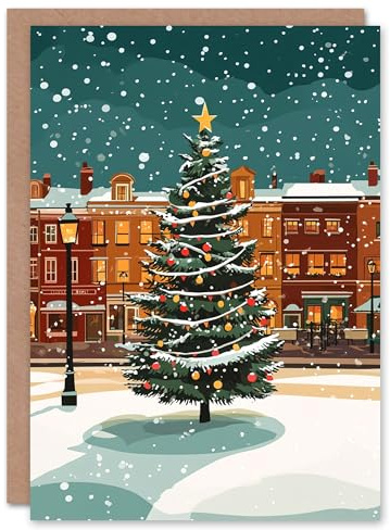 Wee Blue Coo Decorated Tree Town Square Snowy Night Fun Xmas Art Blank For All Christmas Card