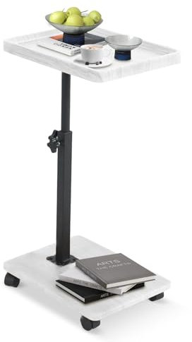 GDWD Beistelltisch mit Rollen, C Form Kleiner Couchtisch, Höhenverstellbar Sofatisch, 360° Dreher Kaffeetisch mit Tischplatte, Betttisch Laptoptisch Nachttisch für Wohnzimmer Schlafzimmer (Weiß)