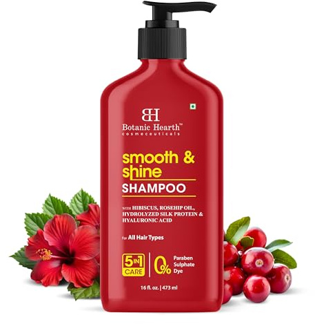 Botanic Hearth Smooth & Shine Shampoo, 473 ml | Enriched With Hibiscus, Rosehip Oil, Hydrolyzed Silk Protein & Hyaluronic Acid Smoothness & Shine | For All Hair Types