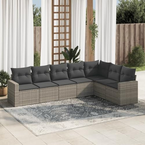 qohoio 7-TLG. Garten-Sofagarnitur mit Kissen Gartengarnitur Set Lounge MöBel Outdoor LoungemöBel Balkon Grau Poly Rattan - 3251387