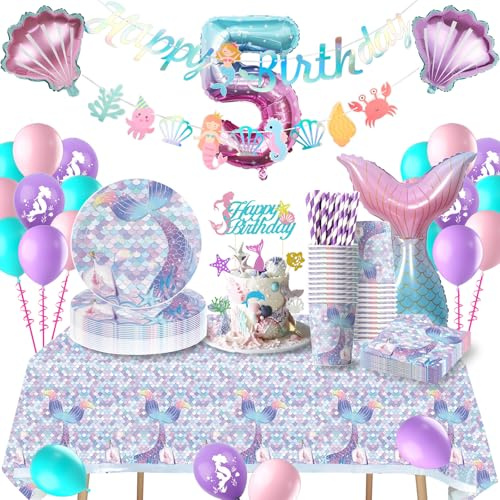 Meerjungfrau Geburtstag Deko für 5 Jahre, Partygeschirr Set mit Luftballons für 16 Gäste