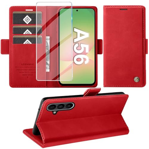 Giyer Handyhülle für Samsung Galaxy A56 5G Hülle mit Schutzfolie, Schutzhülle Galaxy A56 5G PU Leder Wallet Flip Case Standfunktion Kartenfach Klapphülle für Samsung A56 5G Cover Tasche (Rot)