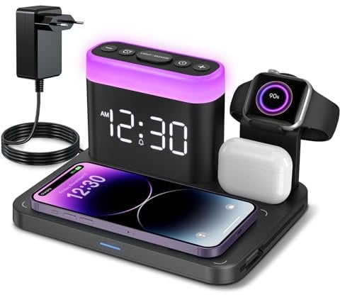ANJANK Wirelss Charger Staion,3 in 1 Wecker mit Kabellose Ladestation,7 Nachtlichter,Mag-Safe Kabelloses Ladegerät Kompatibel mit iPhone 16 15 14 13 12 11 Pro Max Plus,Apple Watch 10/9/8/7/SE,Airpods