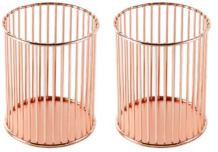 Laroal Pencil Holders Round Iron Art Pen Holder Makeup Brush Storage Basket Metal Pencil Cup Stand Desktop Tidy Organizer For Home School Office 2 Pieces Rose Gold
