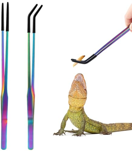 OLIISS Stainless Steel Reptile Feeding Tongs with Rubber Tip - 10.6 Straight & Curved Tweezers for Aquariums & Crafts - Feeder Tools for Bearded Dragons & Lizards - Terrarium Tank Supplies - 2 Pack