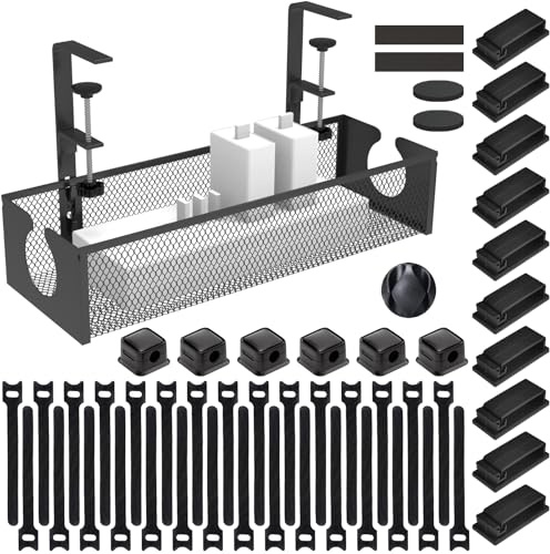 ENJYNC 52-Piece Under Desk Cable Management Tray Kit - No Drill Cable Organizer Basket for Office/Home, Holds Extension Cords & Wires, Screw-Free Clamp Mount for Desk, Kitchen, Internet Cafe