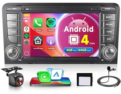 4G+64G Inalámbrico Carplay Android Radio Coche para Audi A3 8P A3 8P1 S3 RS3 8P RS3 Sportback 7 Pulgadas Radio Coche con Android Auto GPS Navi WiFi Mirror Link Bluetooth FM/RDS/32EQ/SWC Cámara Trasera