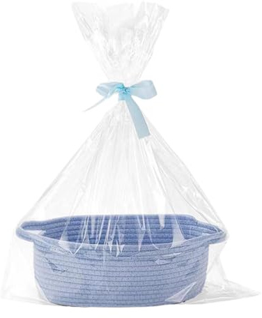 Geschenkkorb, Präsentkorb Leer, Geflochten Korb mit 3 Transparenten Geschenktü Und 3 Farbband für Halloween Erntedank Weihnachten, Aufbewahrung (Blau)