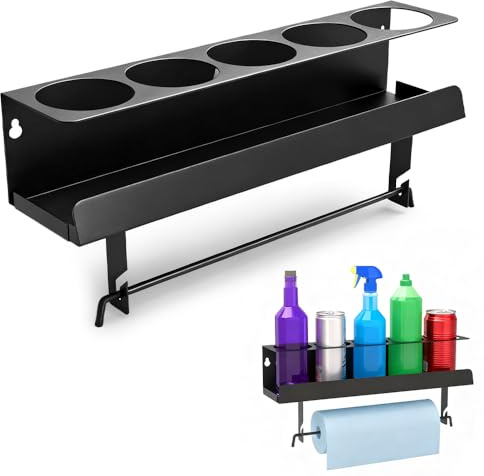 FuxFuis Soporte para Botes de Aerosol Soporte para Latas de Acero al Carbono Soporte de Pared para Botellas Pulverizadoras Paño de Limpieza con 5 Compartimentos para Garaje o Cocina