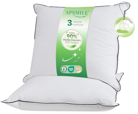 APSMILE Oreillers 60x60 Lot de 2 - Oreiller en Plume d'oie Confort Ferme - Enveloppe 100% Coton Bio - 90% Duvet Blanc à l'extérieur - Mélange de Plumes à l'intérieur - Lavable en Machine