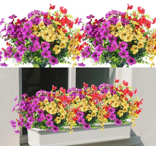 wiipara 9 Bundles Artificial Flowers Outdoor UV Resistant Fake Flowers No Fade Faux Plants Garden Porch Window Box Decorating, Purple Yellow Red