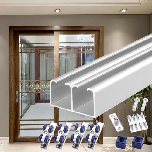 Sliding Door Kit Double Rail Bypass Door Hardware Kit, 30 48 60 72 96 Aluminum Heavy Duty Sliding Door Track, Patio Wardrobe Kitchen Hidden Hanging Track(Silver,109inch/277cm)