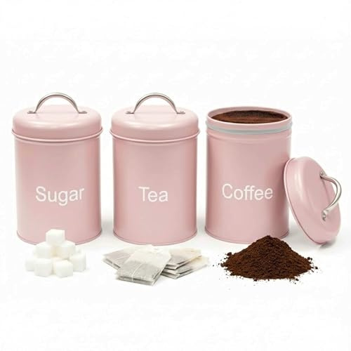 ALAYSTAR 3-Piece Tea Coffee Sugar Canister Set with Airtight Lids Durable Metal Kitchen Storage Jars Round Food Containers Easy Clean Minimal Modern Farmhouse Design for Home Office (PINK)
