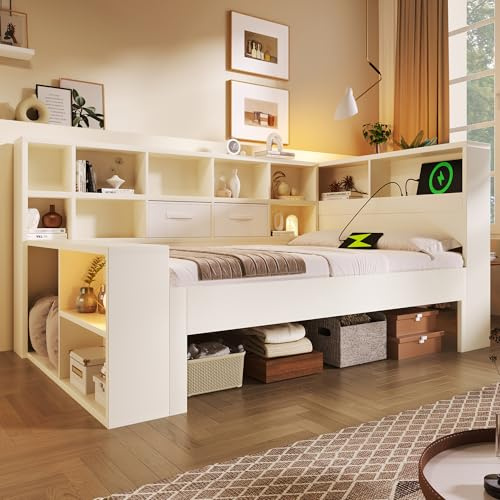 SURUEO 3FT Single Kids Bed with Storage & USB Type-C Port, 90x190cm Platform Bed Frame with Bookcase, White Children's Bed, No Mattress Included