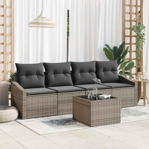 Bucmath Garten Loungeset, 5-teiliges Poly Rattan Sofa Set Grau, wetterfest, UV-beständig, mit Kissen, modular, für Garten, Terrasse, Patio, Outdoor-Möbel