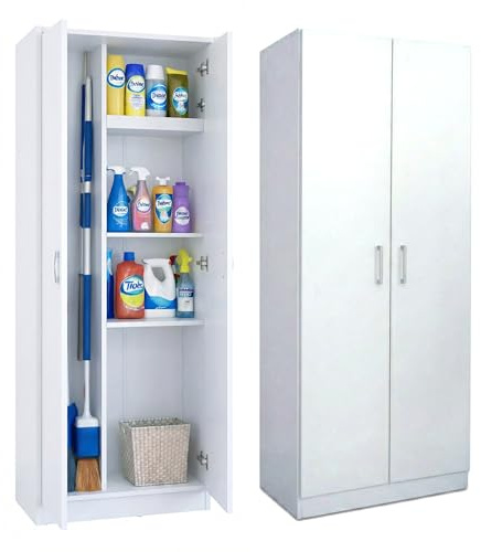 Marctani Armario Escobero Interior Blanco - Mueble Escobero Multiusos con Estante Central Regulable - Capacidad 15kg por Estante - Armario de Limpieza para Despensa o Lavadero