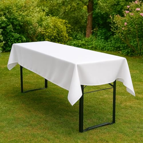 Hans-Textil-Shop Biertisch Tischdecke 110x270 cm Weiß – Baumwolle Uni, Tischtuch pflegeleicht, Kochfest 95°, bügelfest, handgenäht Made in EU für Biertische