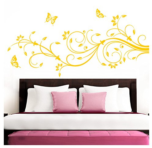 Grandora Wandtattoo XXL Blumenranken Schmetterlinge Blumen I gelb (BxH) 90 x 39 cm I Schlafzimmer Liebe Flur Wohnzimmer modern Aufkleber Wandaufkleber W1073